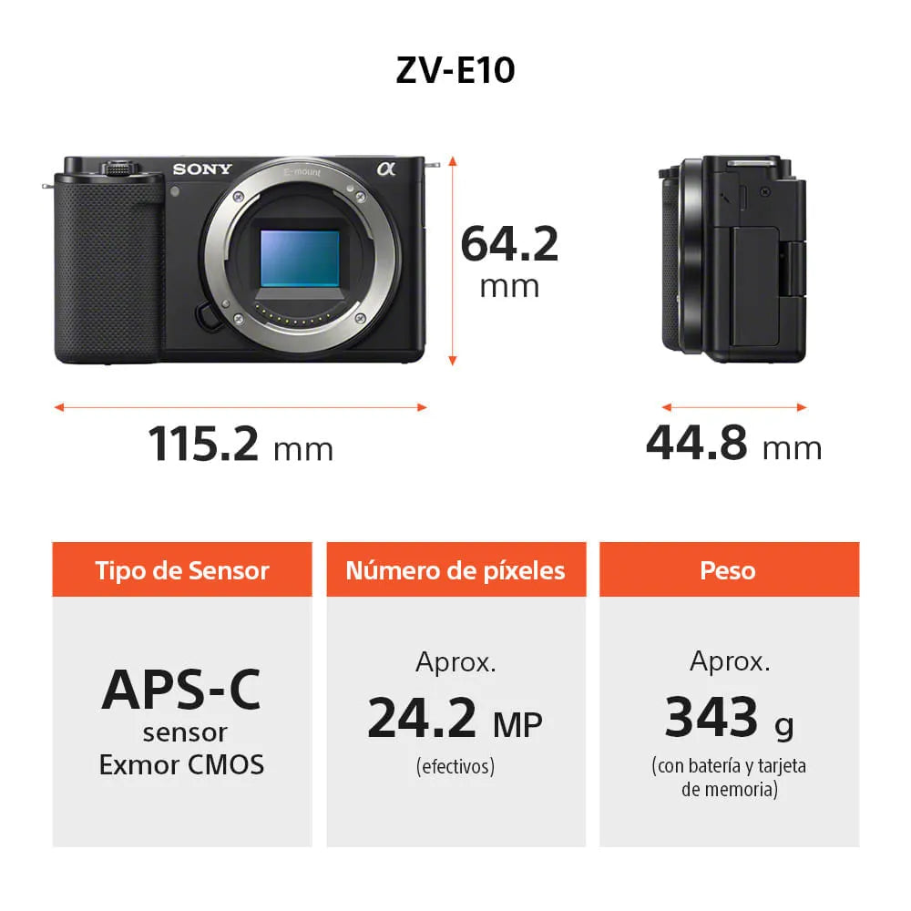 Cámara digital Alpha para vlogs APS-C con lente SELP16502 | Micrófono incorporado | ZV-E10K