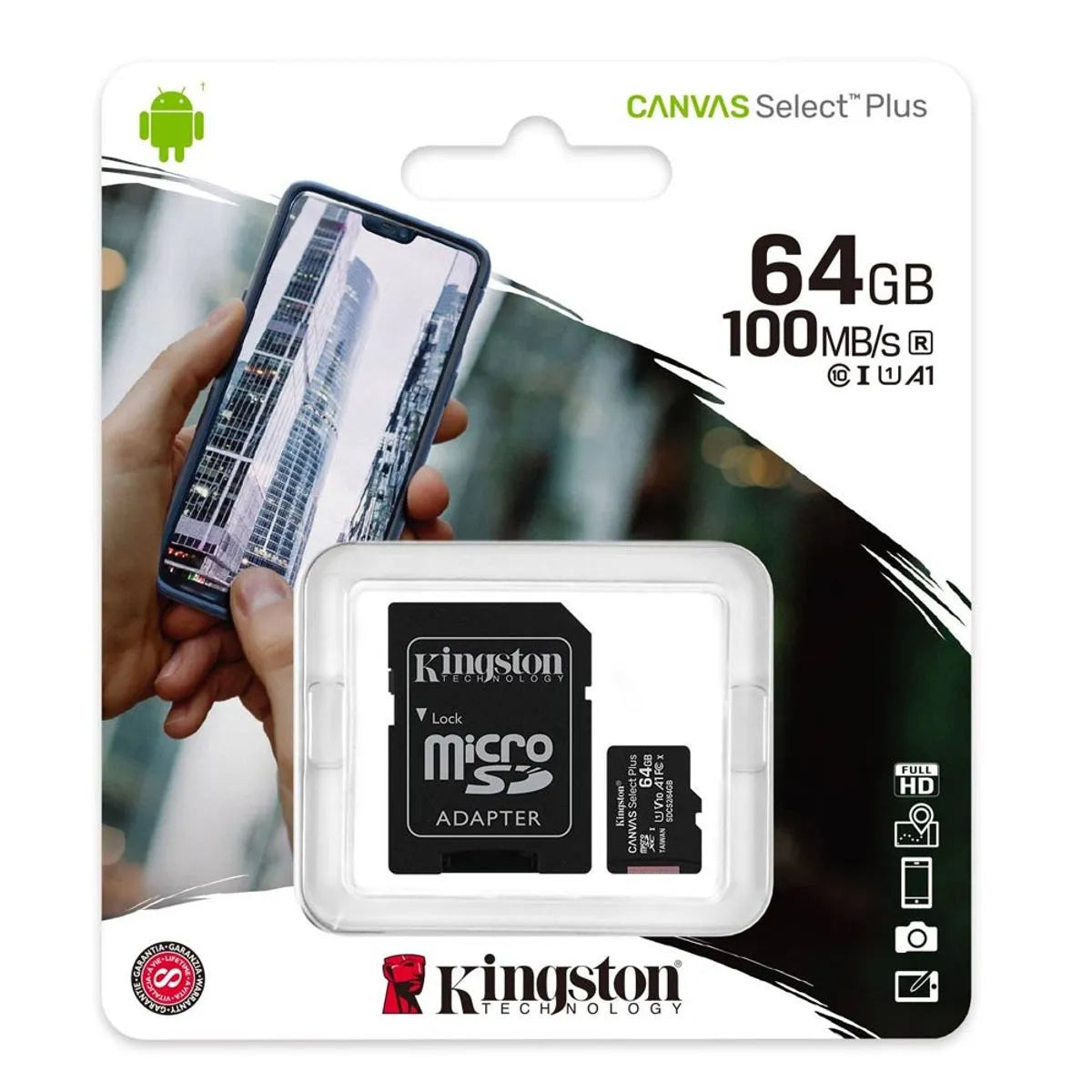 Tarjeta MicroSDXC Kingston Canvas Select Plus 64GB, U1, Clase 10, 100MB/s