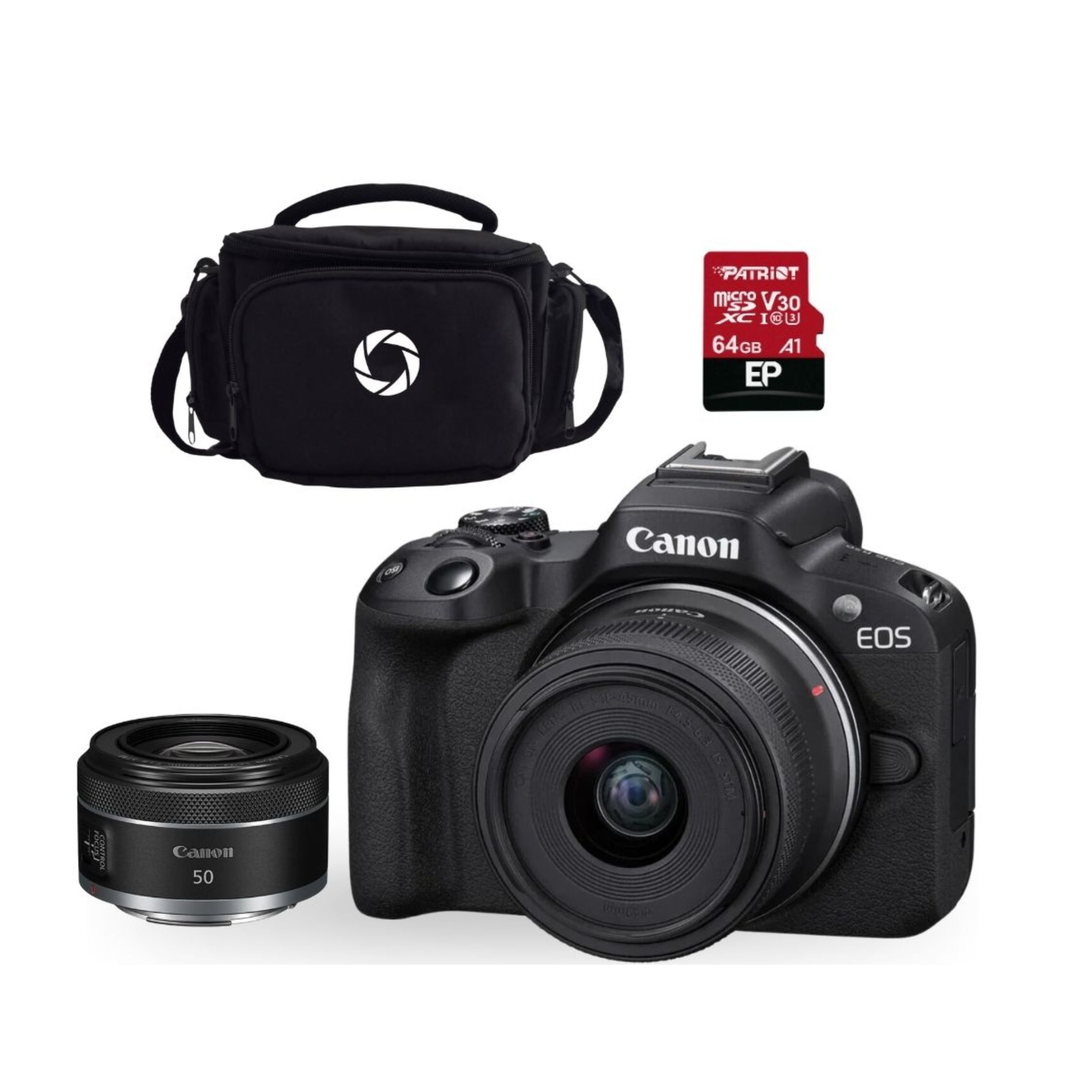 Cámara Mirrorless EOS R50 + Lente RF S 18-45mm + RF 50 mm + Kit Básico