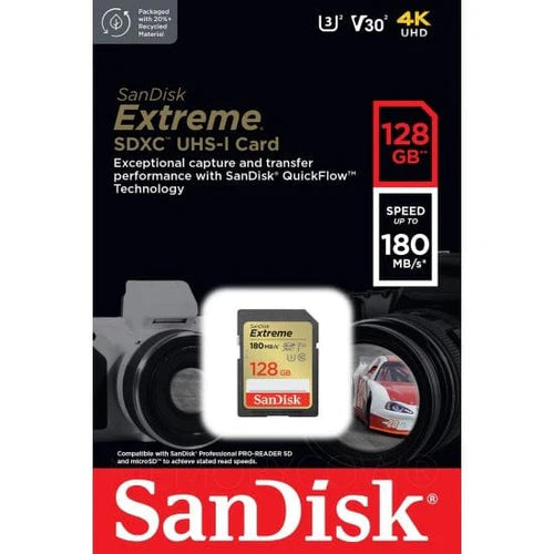 Memoria SD SanDisk Extreme 128GB V30 U3 UHS-I 180MB/s 4K