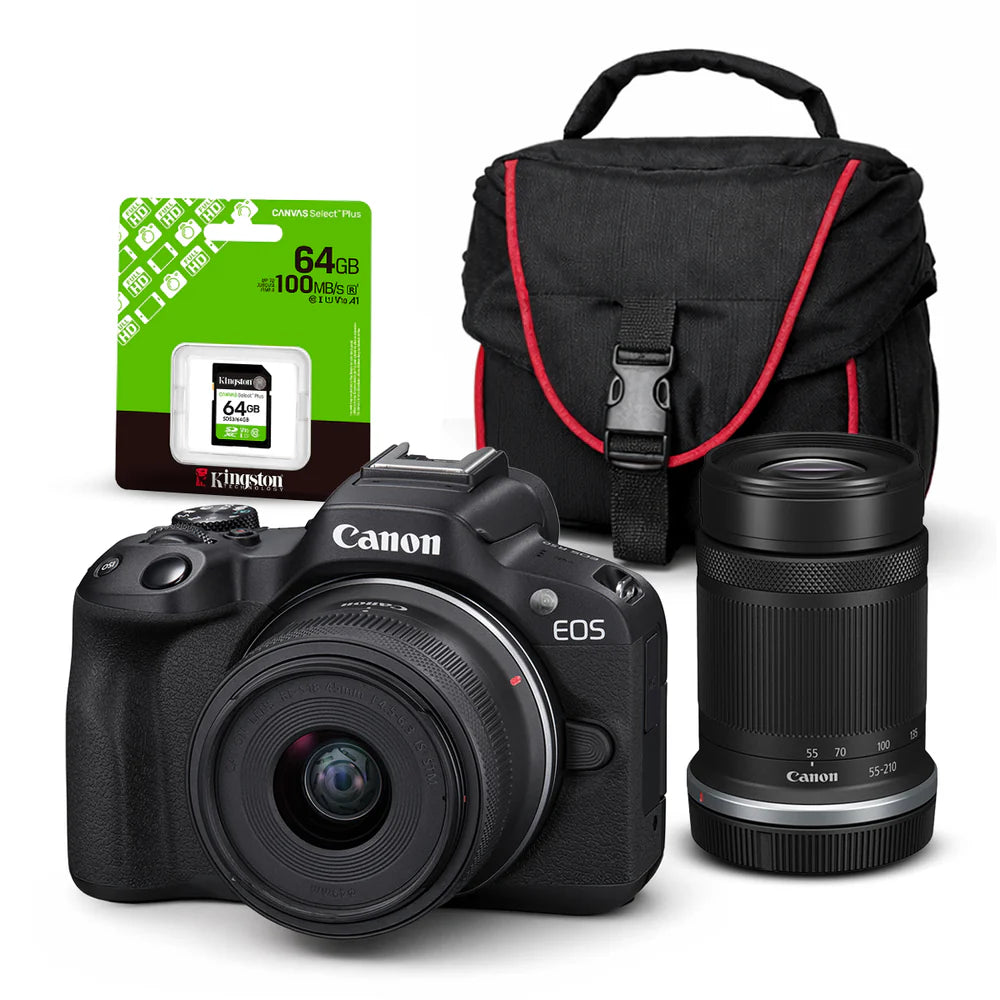 Cámara Mirrorless EOS R50 + Lente RF S 18-45mm + RF 55-210 mm + Kit Básico