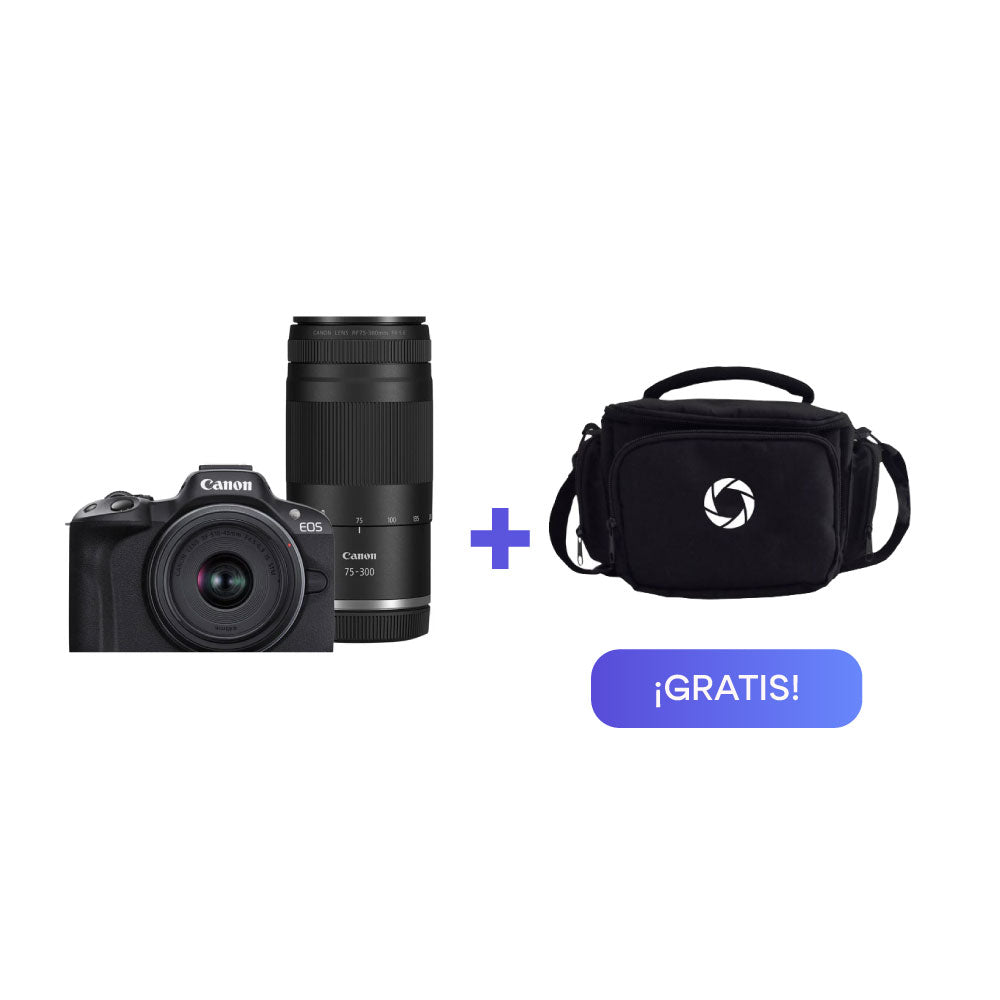 Cámara Mirrorless EOS R50 con Lente RF S 18-45mm y RF 75-300 + Kit Básico
